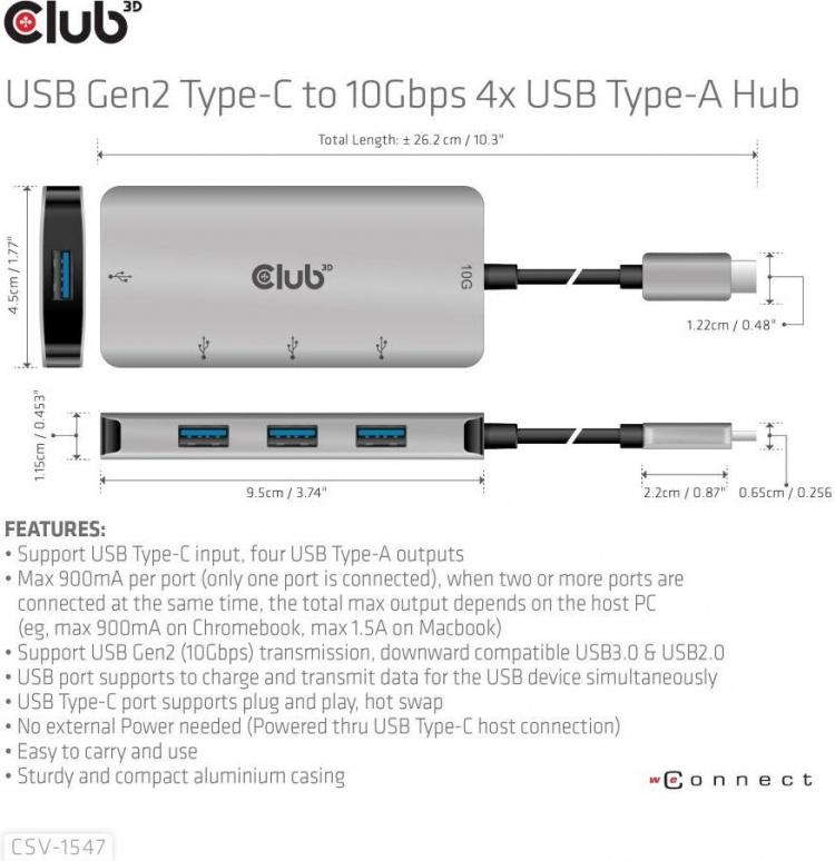 Club 3D USB Type-C naar 10 Gbps 4x USB Type-A hub Club 3D USB Type-C naar 10 Gbps 4x USB Type-A hub