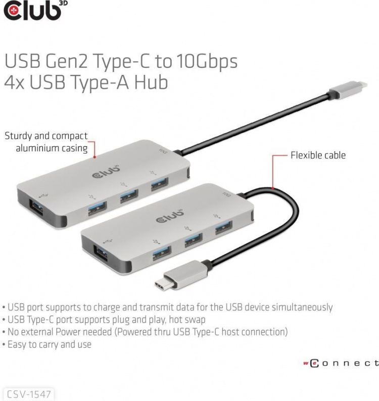 Club 3D USB Type-C naar 10 Gbps 4x USB Type-A hub Club 3D USB Type-C naar 10 Gbps 4x USB Type-A hub