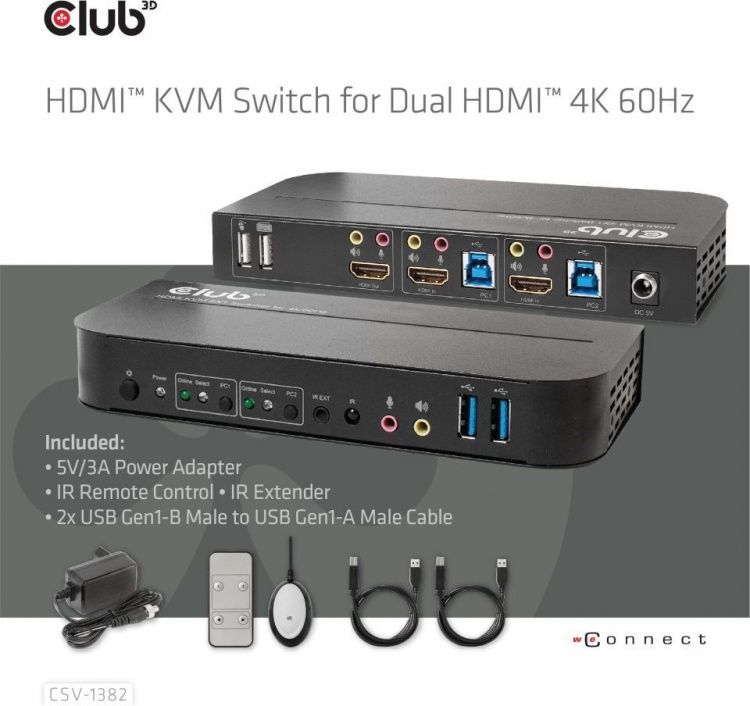 Club 3D HDMI KVM-schakelaar voor dubbele HDMI-schakelaar