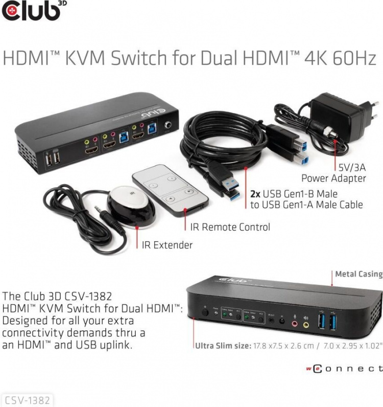 Club 3D HDMI KVM-schakelaar voor dubbele HDMI-schakelaar