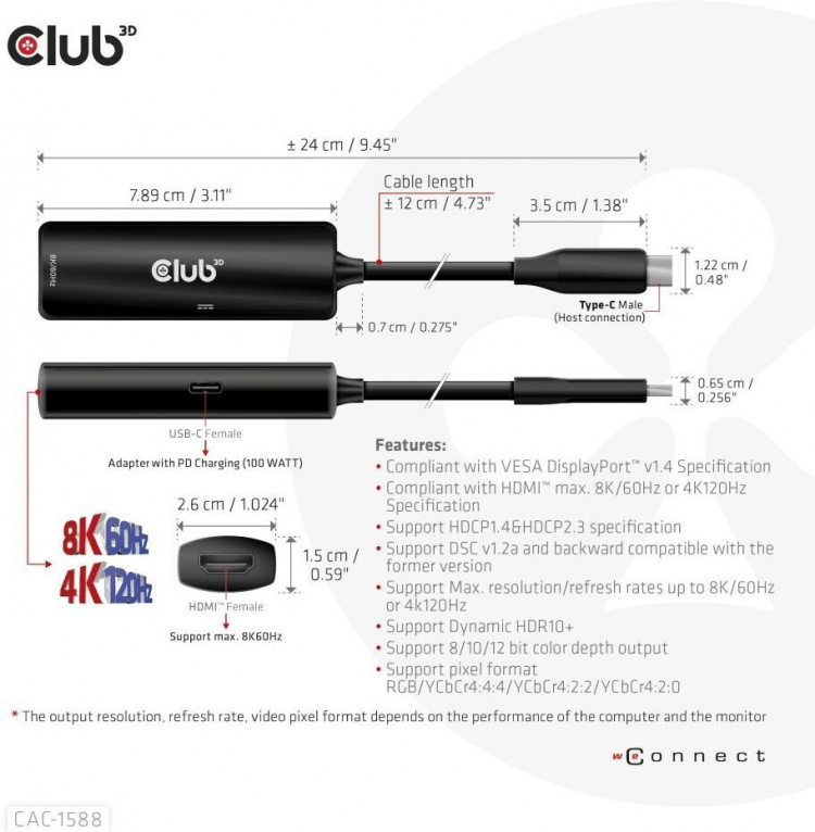 Club 3D CAC-1588 Type C - HDMI 2.1 PD 100W actieve adapter, 4K120 Hz - 8K60Hz Club 3D CAC-1588 Type C - HDMI 2.1 PD 100W actieve adapter, 4K120 Hz - 8K60Hz