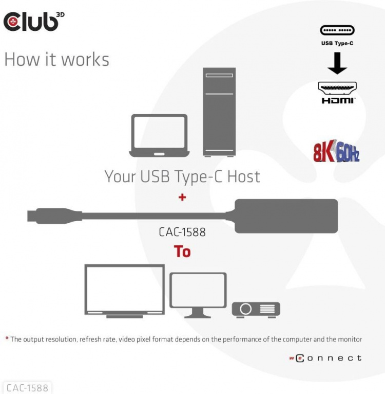 Club 3D CAC-1588 Type C - HDMI 2.1 PD 100W actieve adapter, 4K120 Hz - 8K60Hz Club 3D CAC-1588 Type C - HDMI 2.1 PD 100W actieve adapter, 4K120 Hz - 8K60Hz