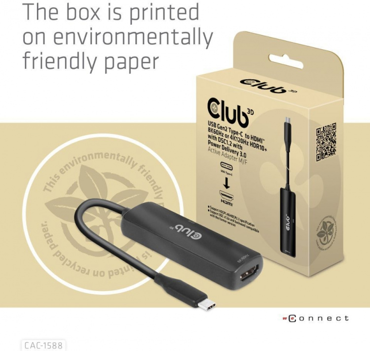 Club 3D CAC-1588 Type C - HDMI 2.1 PD 100W actieve adapter, 4K120 Hz - 8K60Hz Club 3D CAC-1588 Type C - HDMI 2.1 PD 100W actieve adapter, 4K120 Hz - 8K60Hz