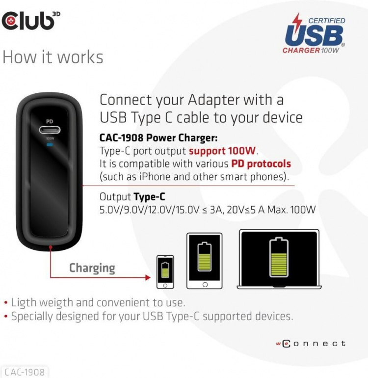 Club 3D CAC-1908EU Reislader 100 W GaN USB-C voeding Club 3D CAC-1908EU Reislader 100 W GaN USB-C voeding