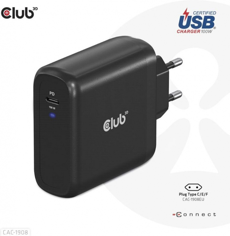 Club 3D CAC-1908EU Reislader 100 W GaN USB-C voeding Club 3D CAC-1908EU Reislader 100 W GaN USB-C voeding