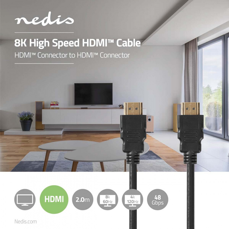 Nedis Ultra High Speed HDMI™-Kabel | HDMI™ Connector | HDMI™ Connector | 8K@60Hz | 48 Gbps | 2.00 m | Rond | 6.5 mm | Zwart | Label Nedis Ultra High Speed HDMI™-Kabel | HDMI™ Connector | HDMI™ Connector | 8K@60Hz | 48 Gbps | 2.00 m | Rond | 6.5 mm | Zwart | Label