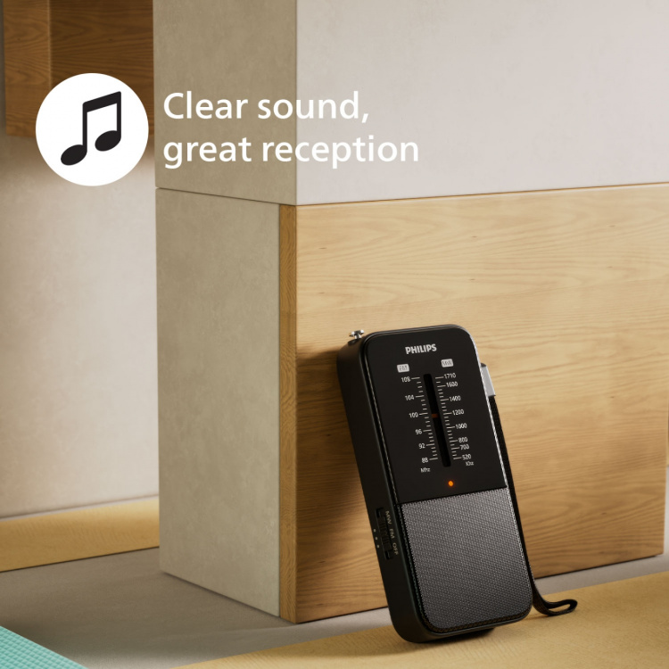 Philips Batteri-driven fick-radio med inbyggd högtalare. Analog FM/MW tuner Philips Batteri-driven fick-radio med inbyggd högtalare. Analog FM/MW tuner