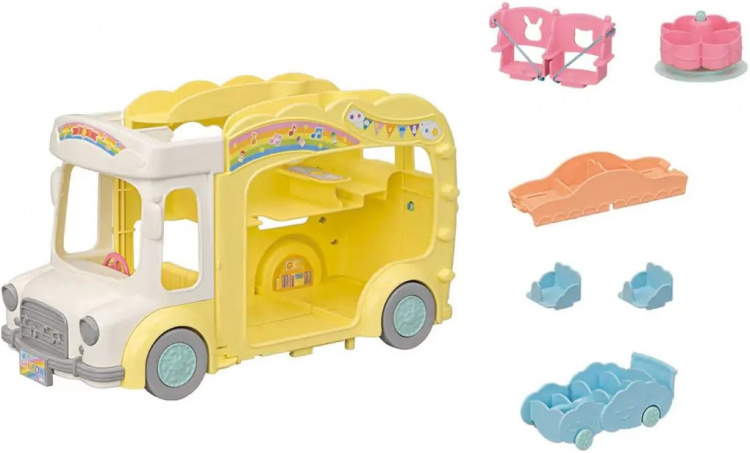 Sylvanian Families bus met 3 slaapplaatsen in de speeltuin