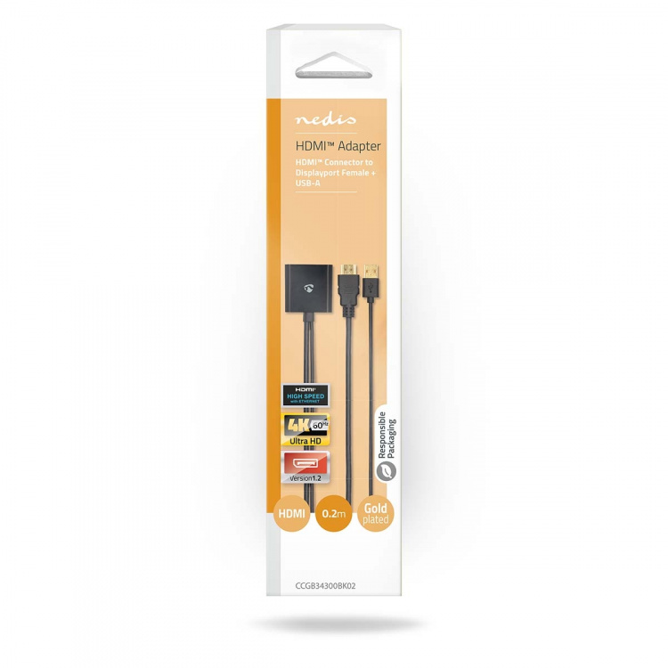Nedis HDMI™-Adapter | HDMI™ Connector | DisplayPort Male / USB-A Male | Verguld | Recht | PVC | Zwart | 1 Stuks | Doos Nedis HDMI™-Adapter | HDMI™ Connector | DisplayPort Male / USB-A Male | Verguld | Recht | PVC | Zwart | 1 Stuks | Doos