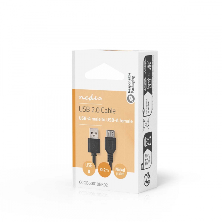 Nedis USB-Kabel | USB 2.0 | USB-A Male | USB-A Female | 480 Mbps | Vernikkeld | 0.20 m | Rond | PVC | Zwart | Doos Nedis USB-Kabel | USB 2.0 | USB-A Male | USB-A Female | 480 Mbps | Vernikkeld | 0.20 m | Rond | PVC | Zwart | Doos