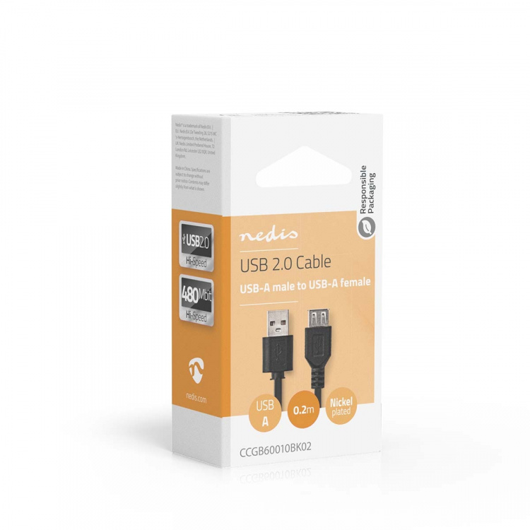 Nedis USB-Kabel | USB 2.0 | USB-A Male | USB-A Female | 480 Mbps | Vernikkeld | 0.20 m | Rond | PVC | Zwart | Doos Nedis USB-Kabel | USB 2.0 | USB-A Male | USB-A Female | 480 Mbps | Vernikkeld | 0.20 m | Rond | PVC | Zwart | Doos