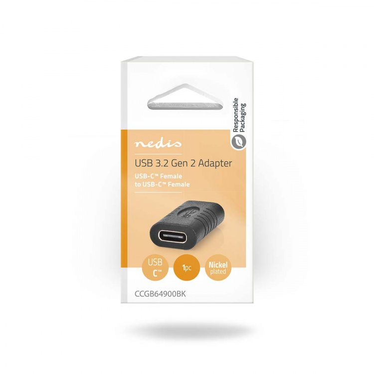 Nedis USB-C™ Adapter | USB 3.2 Gen 2 | USB-C™ Female | USB-C™ Female | 4K@60Hz | 10 Gbps | Rond | Vernikkeld | Zwart | Doos