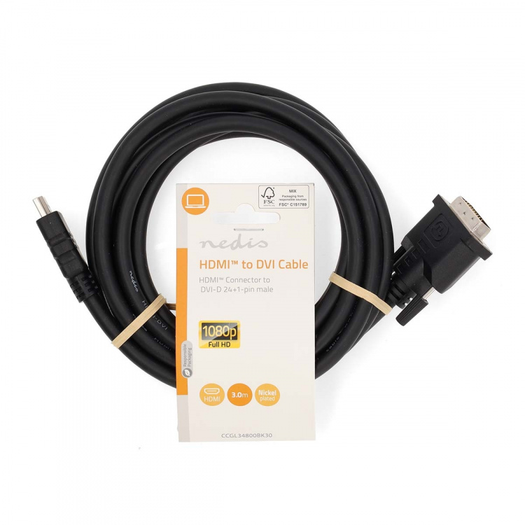 Nedis HDMI™ Kabel | HDMI™ Connector | DVI-D 24+1-Pins Male | 1080p | Vernikkeld | 3.00 m | Recht | PVC | Zwart | Label Nedis HDMI™ Kabel | HDMI™ Connector | DVI-D 24+1-Pins Male | 1080p | Vernikkeld | 3.00 m | Recht | PVC | Zwart | Label