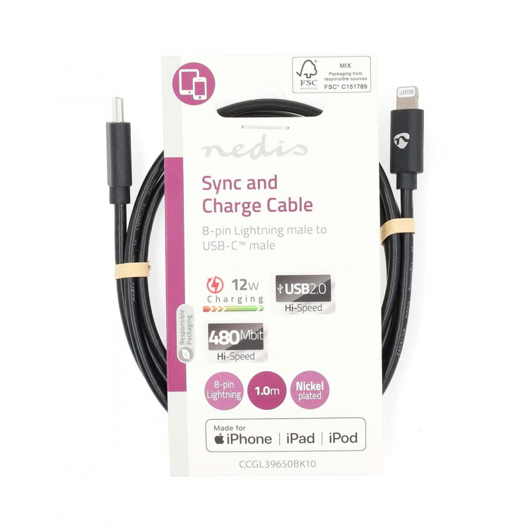 Nedis Lightning Kabel | USB 2.0 | Apple Lightning 8-Pins | USB-C™ Male | 480 Mbps | Vernikkeld | 1.00 m | Rond | PVC | Zwart | Label Nedis Lightning Kabel | USB 2.0 | Apple Lightning 8-Pins | USB-C™ Male | 480 Mbps | Vernikkeld | 1.00 m | Rond | PVC | Zwart | Label