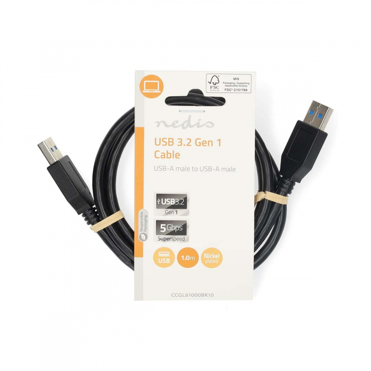 Nedis USB-Kabel | USB 3.2 Gen 1 | USB-A Male | USB-A Male | 5 Gbps | Vernikkeld | 1.00 m | Rond | PVC | Zwart | Label