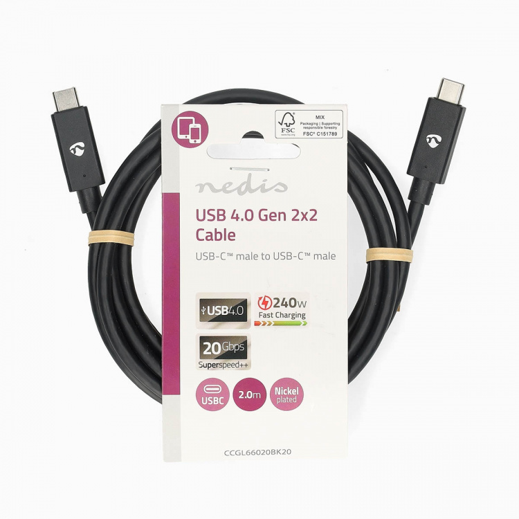 Nedis USB-Kabel | USB 4.0 Gen 2x2 | USB-C™ Male | USB-C™ Male | 240 W | 8K@60Hz | 20 Gbps | Vernikkeld | 2.00 m | Rond | PVC | Zwart | Label