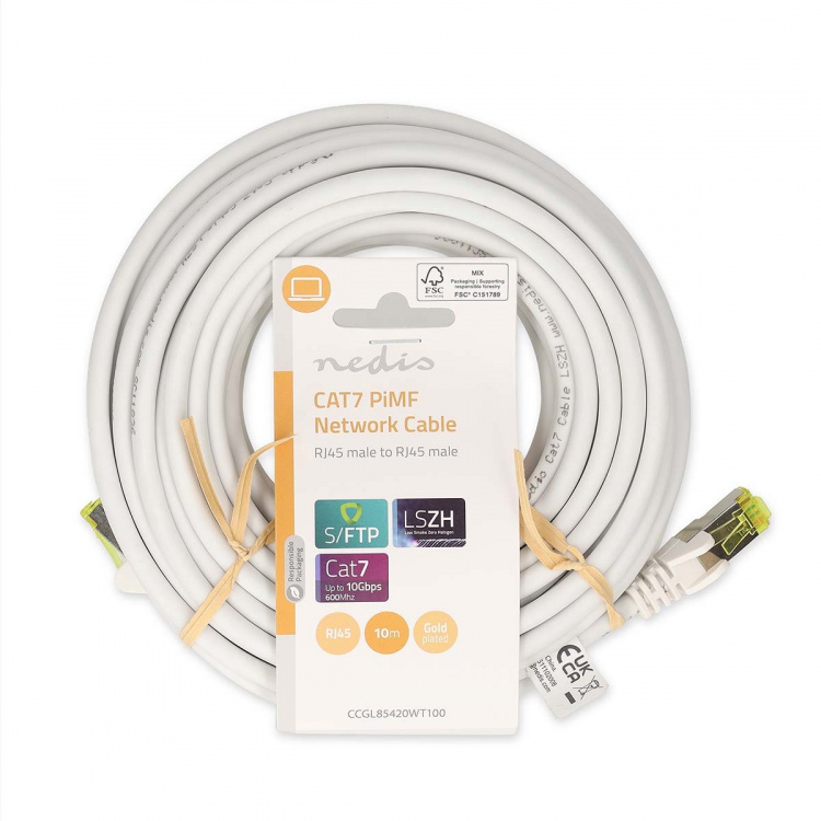 Nedis CAT7 Netwerkkabel | S/FTP | RJ45 Male | RJ45 Male | 10.0 m | Snagless | Rond | LSZH | Wit | Label