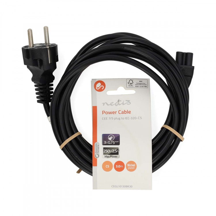 Nedis Stroomkabel | Type F (CEE 7/7) Male | IEC-320-C5 | Recht | Recht | Vernikkeld | 3.00 m | Rond | PVC | Zwart | Label Nedis Stroomkabel | Type F (CEE 7/7) Male | IEC-320-C5 | Recht | Recht | Vernikkeld | 3.00 m | Rond | PVC | Zwart | Label