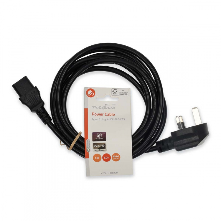 Nedis Stroomkabel | UK Male | IEC-320-C13 | Gehoekt | Recht | Vernikkeld | 3.00 m | Rond | PVC | Zwart | Label