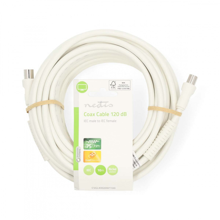 Nedis Coaxkabel | IEC (Coax) Male | IEC (Coax) Female | Vernikkeld | 120 dB | 75 Ohm | Viervoudig Afgeschermd | 10.0 m | Rond | PVC | Wit | Label