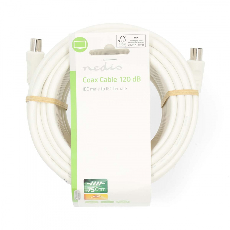 Nedis Coaxkabel | IEC (Coax) Male | IEC (Coax) Female | Vernikkeld | 120 dB | 75 Ohm | Viervoudig Afgeschermd | 15.0 m | Rond | PVC | Wit | Label