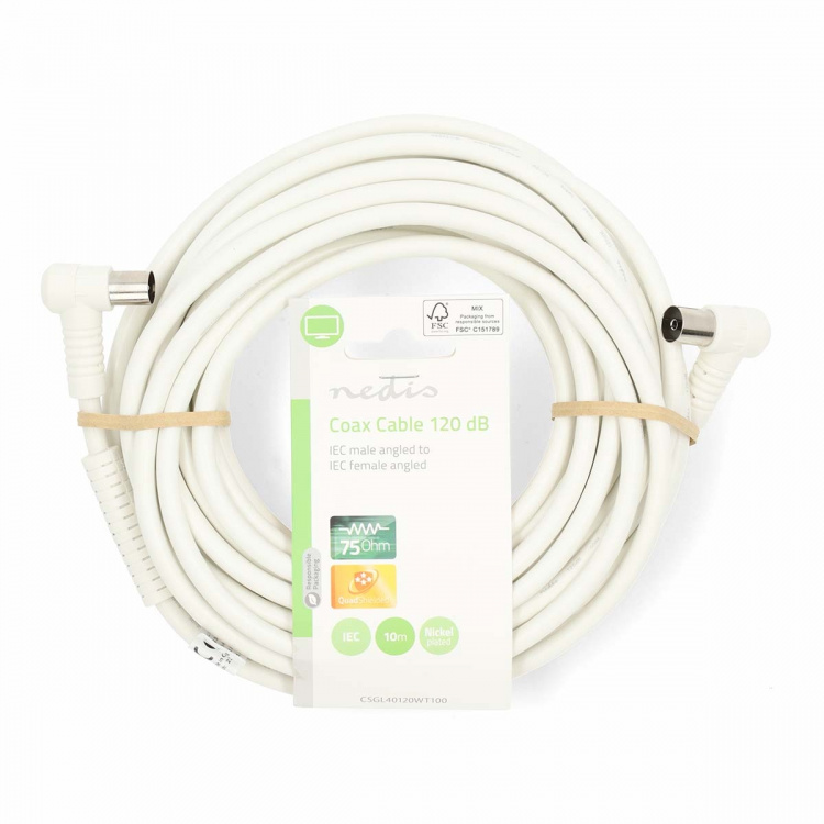Nedis Coaxkabel | IEC (Coax) Male | IEC (Coax) Female | Vernikkeld | 120 dB | 75 Ohm | Viervoudig Afgeschermd | 10.0 m | Rond | PVC | Wit | Label