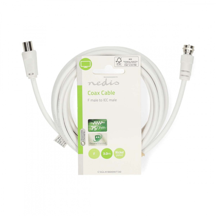 Nedis Satelliet- en Antennekabel | F-Male | IEC (Coax) Male | Vernikkeld | 75 Ohm | Dubbel Afgeschermd | 3.00 m | Rond | PVC | Wit | Label Nedis Satelliet- en Antennekabel | F-Male | IEC (Coax) Male | Vernikkeld | 75 Ohm | Dubbel Afgeschermd | 3.00 m | Rond | PVC | Wit | Label
