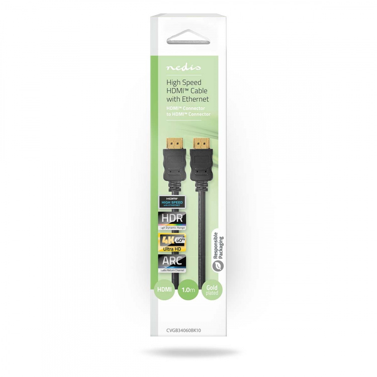 Nedis High Speed ​​HDMI™-Kabel met Ethernet | HDMI™ Connector | HDMI™ Connector | 4K@60Hz | ARC | 18 Gbps | 1.00 m | Rond | PVC | Zwart | Doos