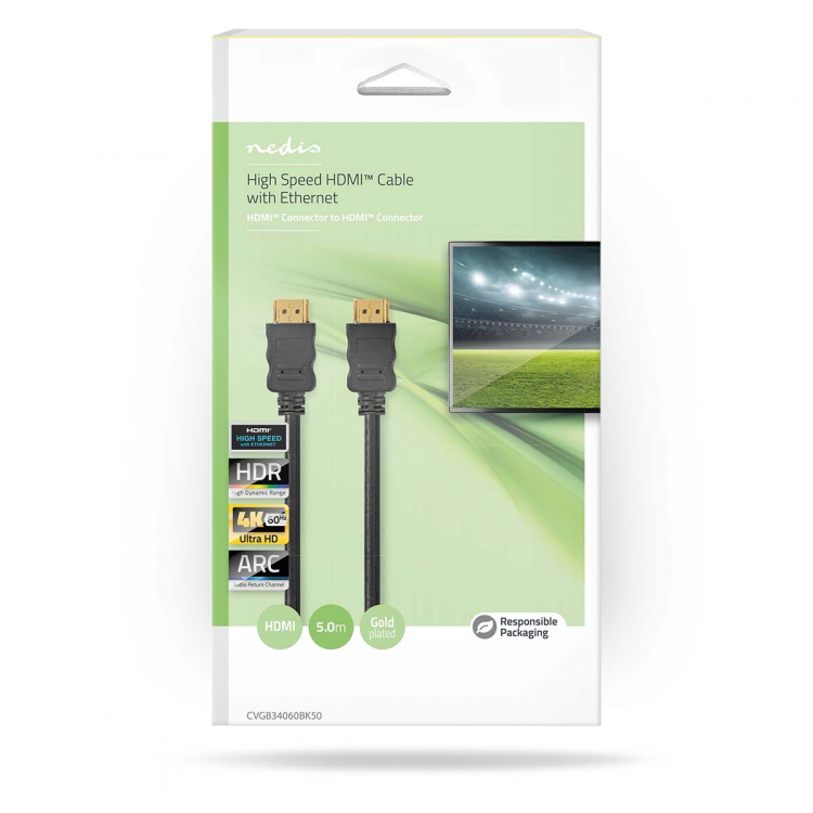 Nedis High Speed ​​HDMI™-Kabel met Ethernet | HDMI™ Connector | HDMI™ Connector | 4K@60Hz | ARC | 18 Gbps | 5.00 m | Rond | PVC | Zwart | Doos
