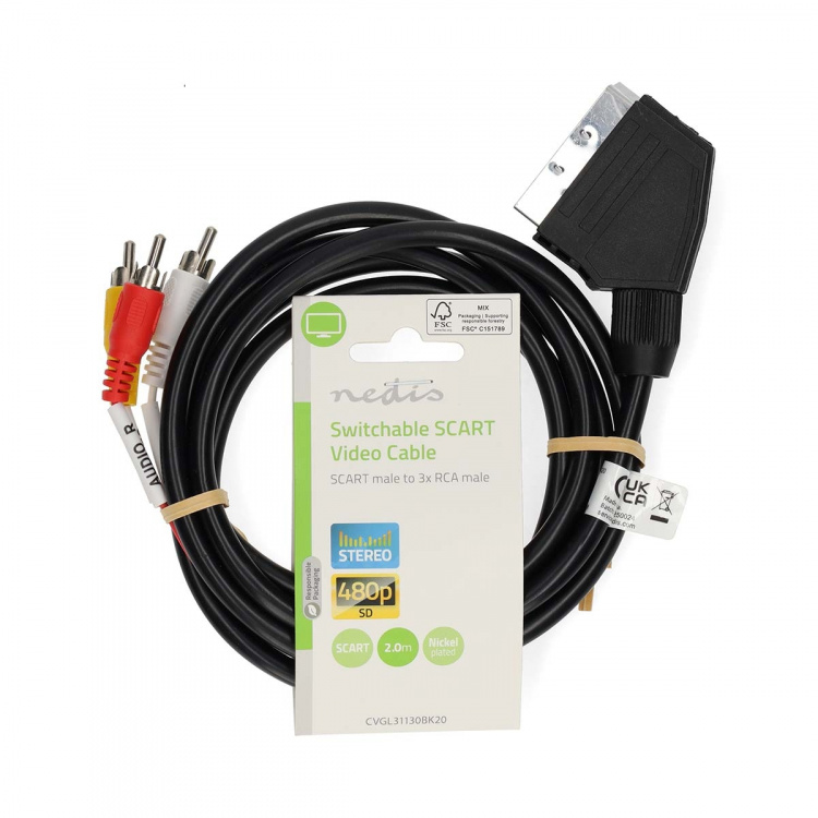 Nedis SCART-Kabel | SCART Male | 3x RCA Male | Vernikkeld | Schakelbaar | 480p | 2.00 m | Rond | PVC | Zwart | Label
