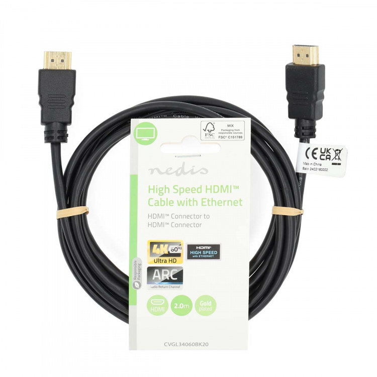 Nedis High Speed HDMI™-Kabel met Ethernet | HDMI™ Connector | HDMI™ Connector | 4K@60Hz | ARC | 18 Gbps | 2.00 m | Rond | PVC | Zwart | Label Nedis High Speed HDMI™-Kabel met Ethernet | HDMI™ Connector | HDMI™ Connector | 4K@60Hz | ARC | 18 Gbps | 2.00 m | Rond | PVC | Zwart | Label