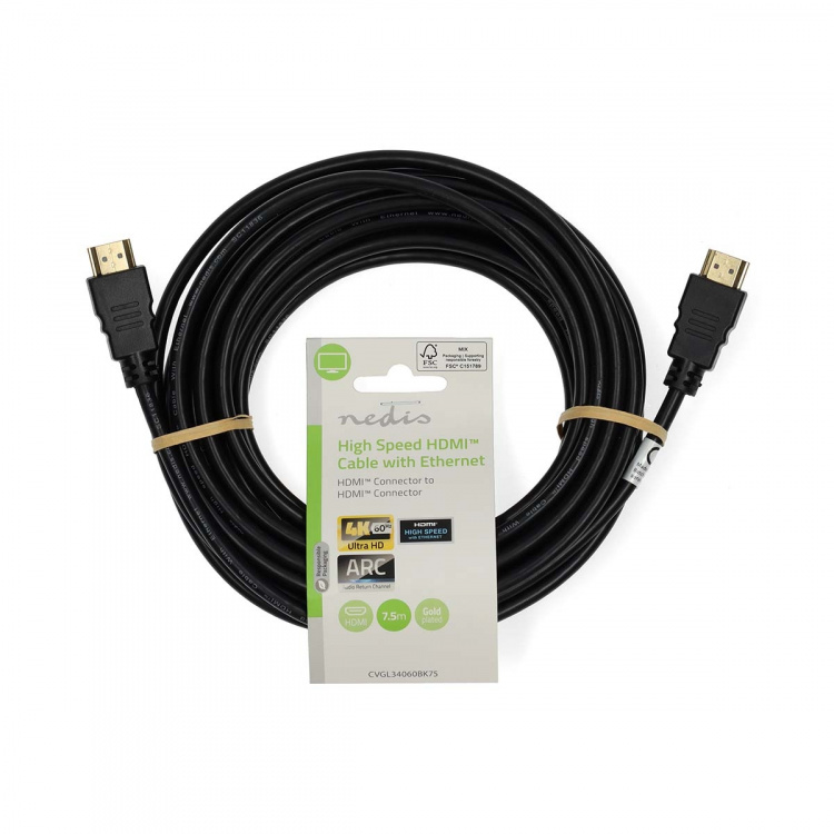 Nedis High Speed HDMI™-Kabel met Ethernet | HDMI™ Connector | HDMI™ Connector | 4K@60Hz | ARC | 18 Gbps | 7.50 m | Rond | PVC | Zwart | Label Nedis High Speed HDMI™-Kabel met Ethernet | HDMI™ Connector | HDMI™ Connector | 4K@60Hz | ARC | 18 Gbps | 7.50 m | Rond | PVC | Zwart | Label
