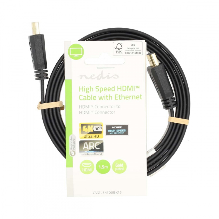 Nedis High Speed HDMI™-Kabel met Ethernet | HDMI™ Connector | HDMI™ Connector | 4K@30Hz | 10.2 Gbps | 1.50 m | Plat | PVC | Zwart | Label Nedis High Speed HDMI™-Kabel met Ethernet | HDMI™ Connector | HDMI™ Connector | 4K@30Hz | 10.2 Gbps | 1.50 m | Plat | PVC | Zwart | Label