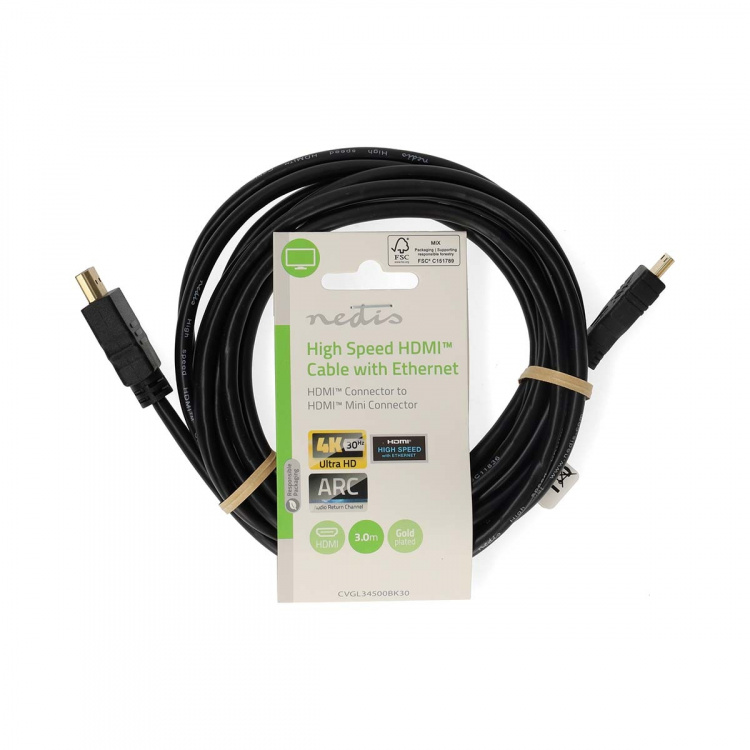 Nedis High Speed ​​HDMI™-Kabel met Ethernet | HDMI™ Connector | HDMI™ Mini-Connector | 4K@30Hz | 10.2 Gbps | 3.00 m | Rond | PVC | Zwart | Label
