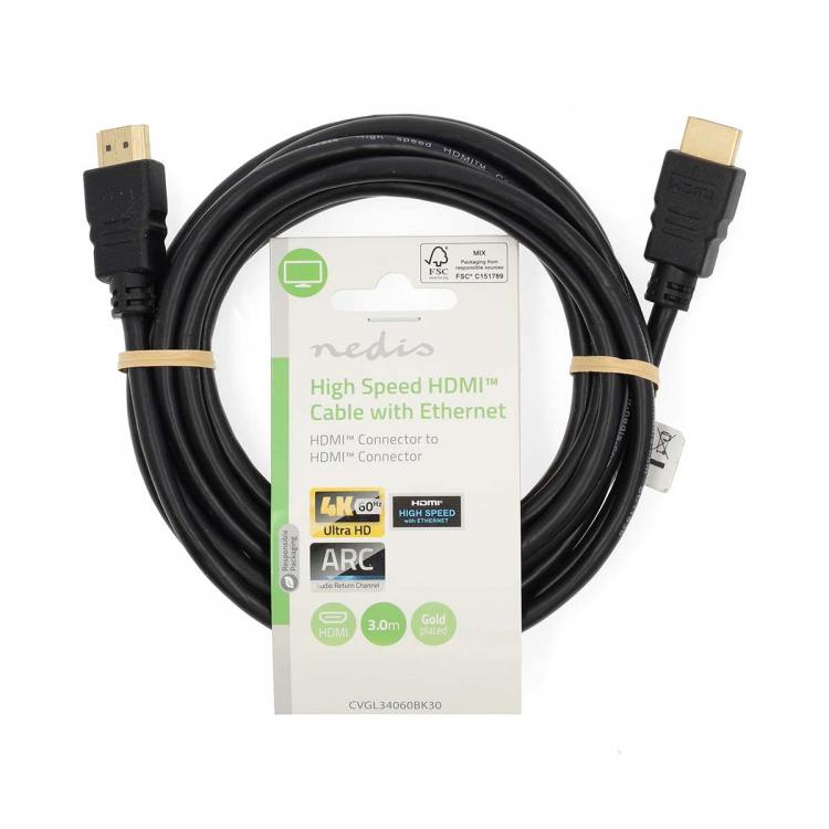 Nedis High Speed HDMI™-Kabel met Ethernet | HDMI™ Connector | HDMI™ Connector | 4K@60Hz | ARC | 18 Gbps | 3.00 m | Rond | PVC | Zwart | Label Nedis High Speed HDMI™-Kabel met Ethernet | HDMI™ Connector | HDMI™ Connector | 4K@60Hz | ARC | 18 Gbps | 3.00 m | Rond | PVC | Zwart | Label