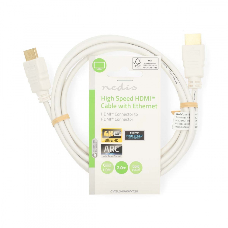 Nedis High Speed ​​HDMI™-Kabel met Ethernet | HDMI™ Connector | HDMI™ Connector | 4K@60Hz | ARC | 18 Gbps | 2.00 m | Rond | PVC | Wit | Label