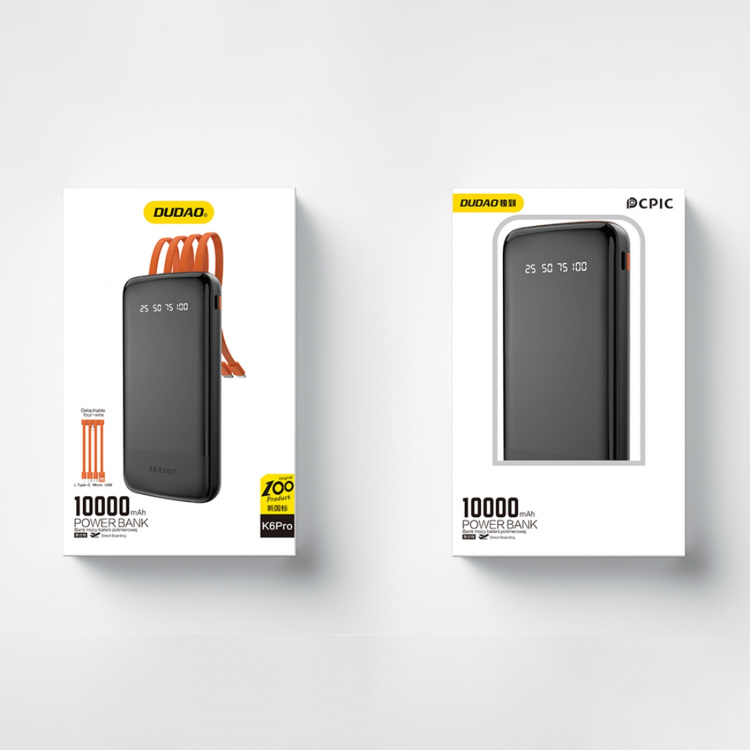 Dudao K6Pro powerbank 10000mAh 10Watt 4xcables Black Dudao K6Pro powerbank 10000mAh 10Watt 4xcables Black
