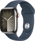 Apple Watch Series 9 (GPS + Cellular) 41 mm zilverkleurige roestvrijstalen kast en stormblauwe sportarmband, M/L (MRJ33)