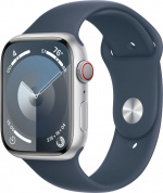 Apple Watch Series 9 (GPS + Cellular) 45 mm zilverkleurige aluminium kast en stormblauwe sportarmband, M/L (MRMH3)