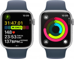 Apple Watch Series 9 (GPS + Cellular) 45 mm zilverkleurige aluminium kast en stormblauwe sportarmband, M/L (MRMH3)