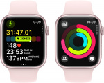 Apple Watch Series 9 (GPS + Cellular) 45 mm roze aluminium kast en roze sportband, S/M (MRMK3)