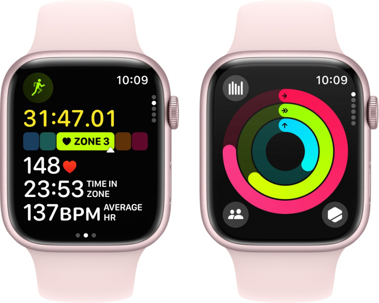 Apple Watch Series 9 (GPS + Cellular) 45 mm roze aluminium kast en roze sportband, S/M (MRMK3)