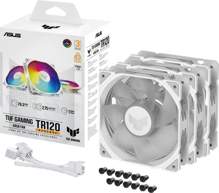 ASUS TUF Gaming TR 120 ARGB Reverse PWM ventilator, 120 mm, wit, 3-pak ASUS TUF Gaming TR 120 ARGB Reverse PWM ventilator, 120 mm, wit, 3-pak