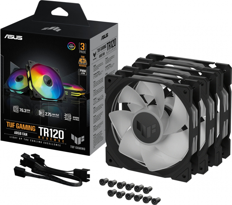 ASUS TUF Gaming TR 120 ARGB Reverse PWM ventilator, 120 mm, zwart, 3-pak