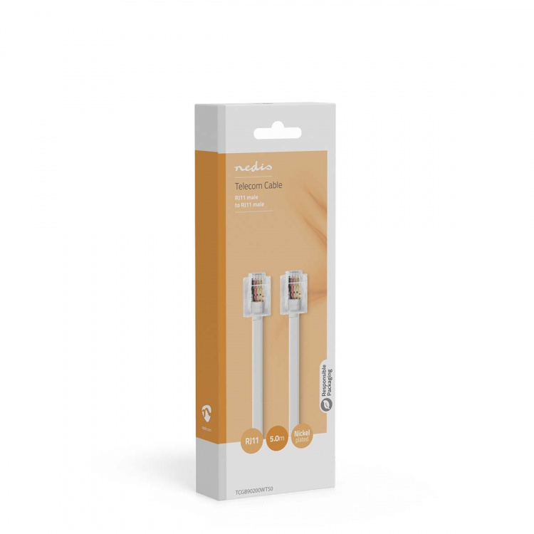 Nedis Telecomkabel | RJ11 Male | RJ11 Male | 5.00 m | Kabel design: Plat | Kabeltype: RJ11 | Transparant / Wit
