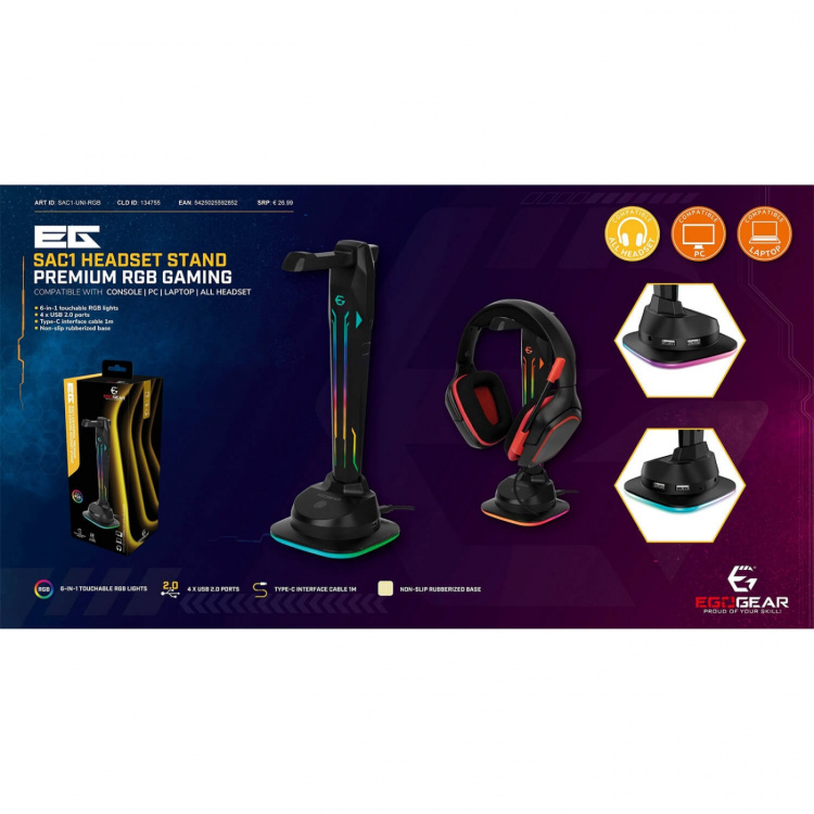 EgoGear Headsetställ SAC1 RGB Med 4xUSB-portar och Type-C 1m