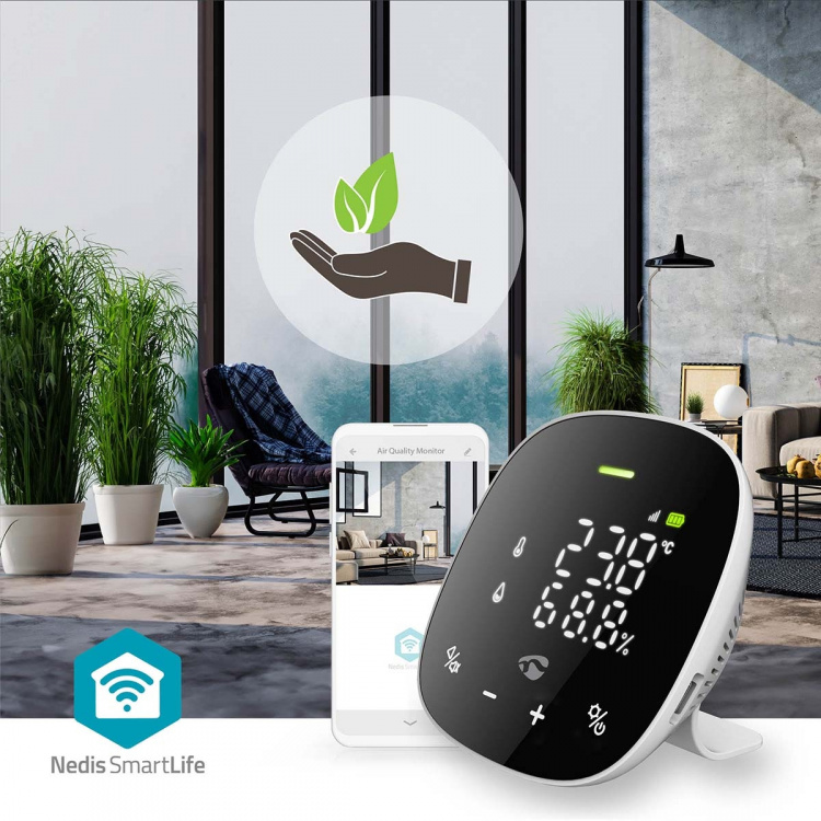 Nedis SmartLife Luchtkwaliteitsmonitor | Wi-Fi | Inclusief display | Koolstofdioxide (CO2) / Temperatuur / Vochtigheid | Android™ / IOS | Wit / Zwart