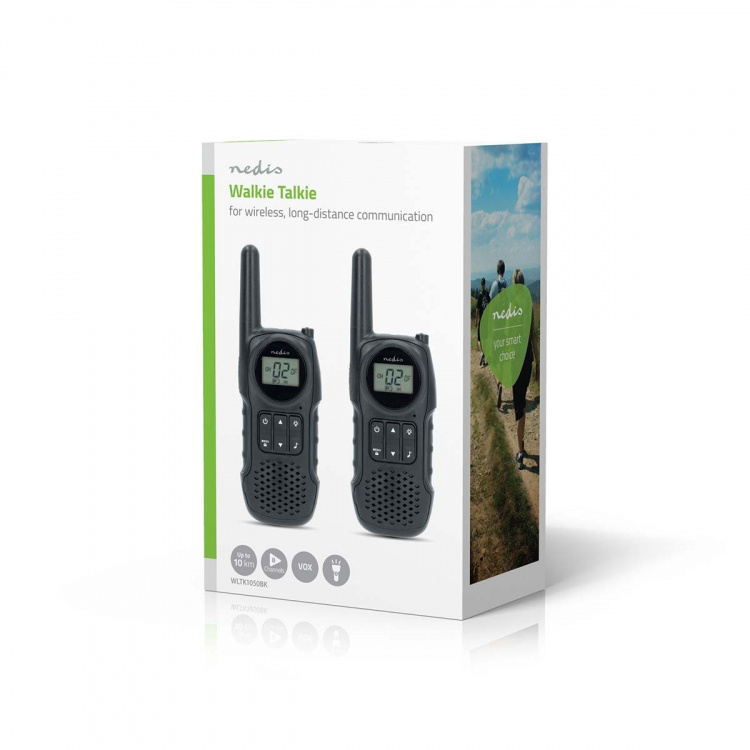 Nedis Walkie talkie Set | 2 Handsets | Tot 10 km | Frequentiekanalen: 8 | PTT / VOX | tot 3 uur | Koptelefoonoutput | Zwart