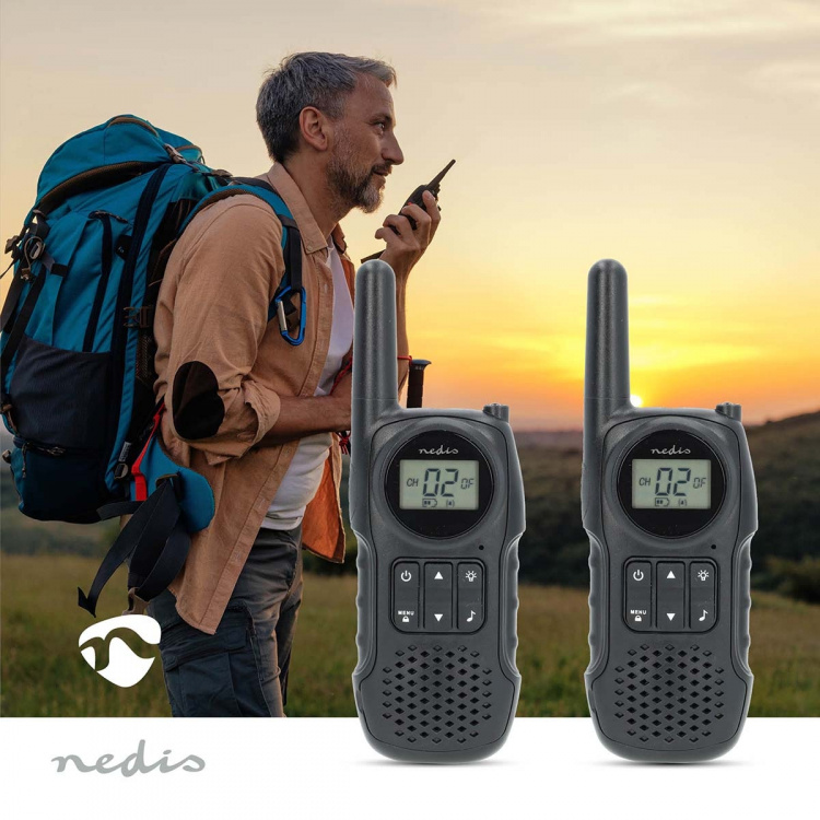 Nedis Walkie talkie Set | 2 Handsets | Tot 10 km | Frequentiekanalen: 8 | PTT / VOX | tot 3 uur | Koptelefoonoutput | Zwart