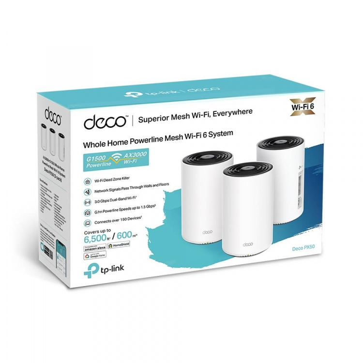 TP-Link Deco PX50 WiFi 6 AX3000 + G1500 Powerline Mesh-systeem voor het hele huis (3-pak)